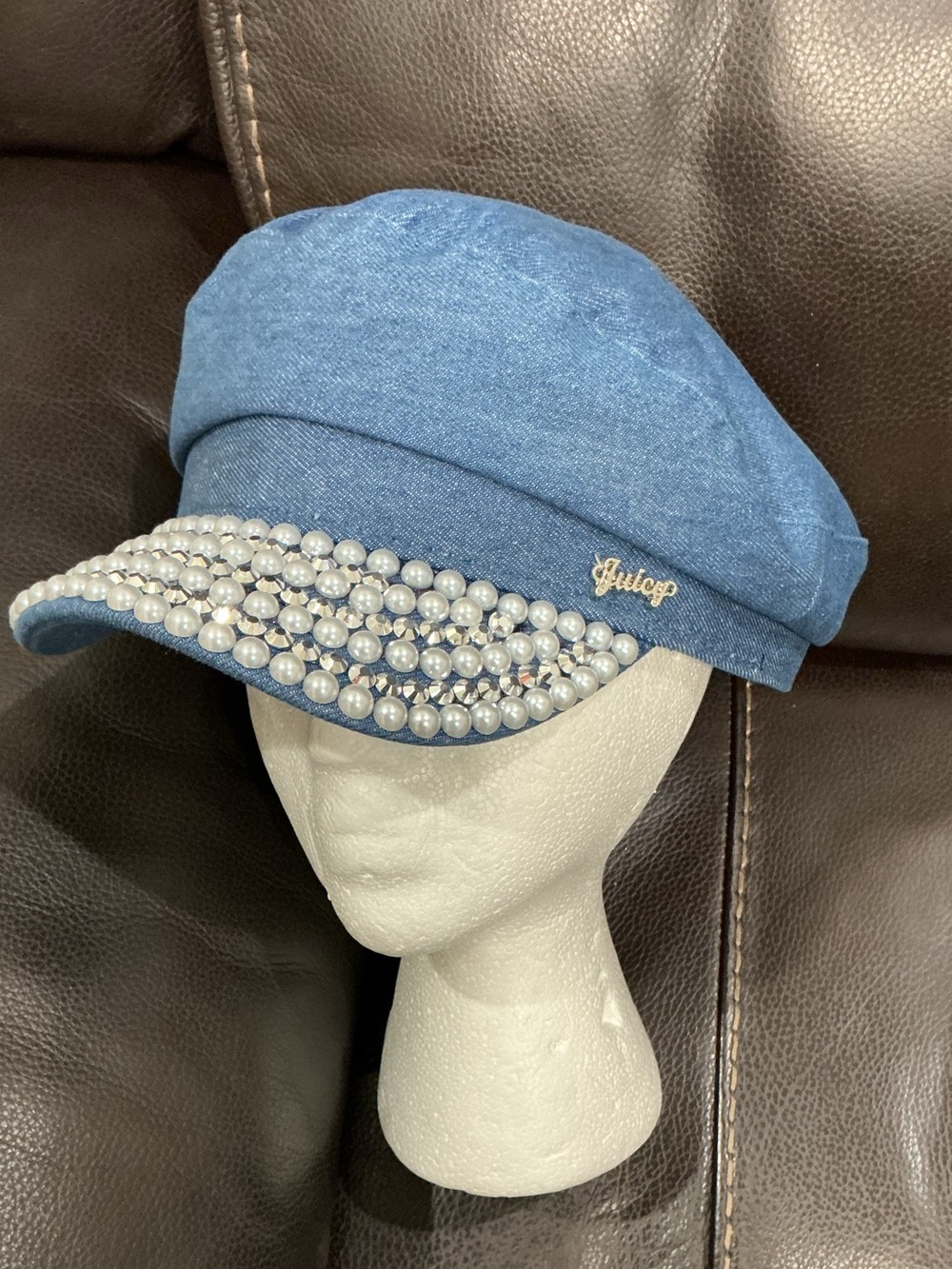 Juicy Couture Blue Denim Blue Pearl & Rhinestone Cabby Cap
